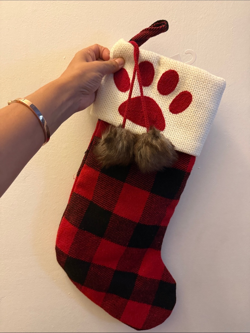 Red Plaid Dog Christmas Stocking with Paw Print